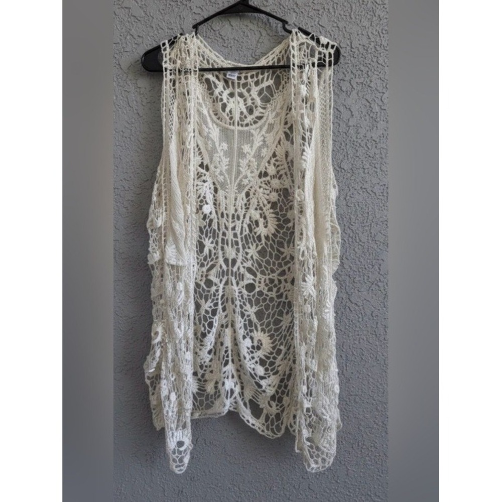 Cato Boho Hippie Fairy Ivory Crochet Lace Open Front Duster Vest Boho Medium